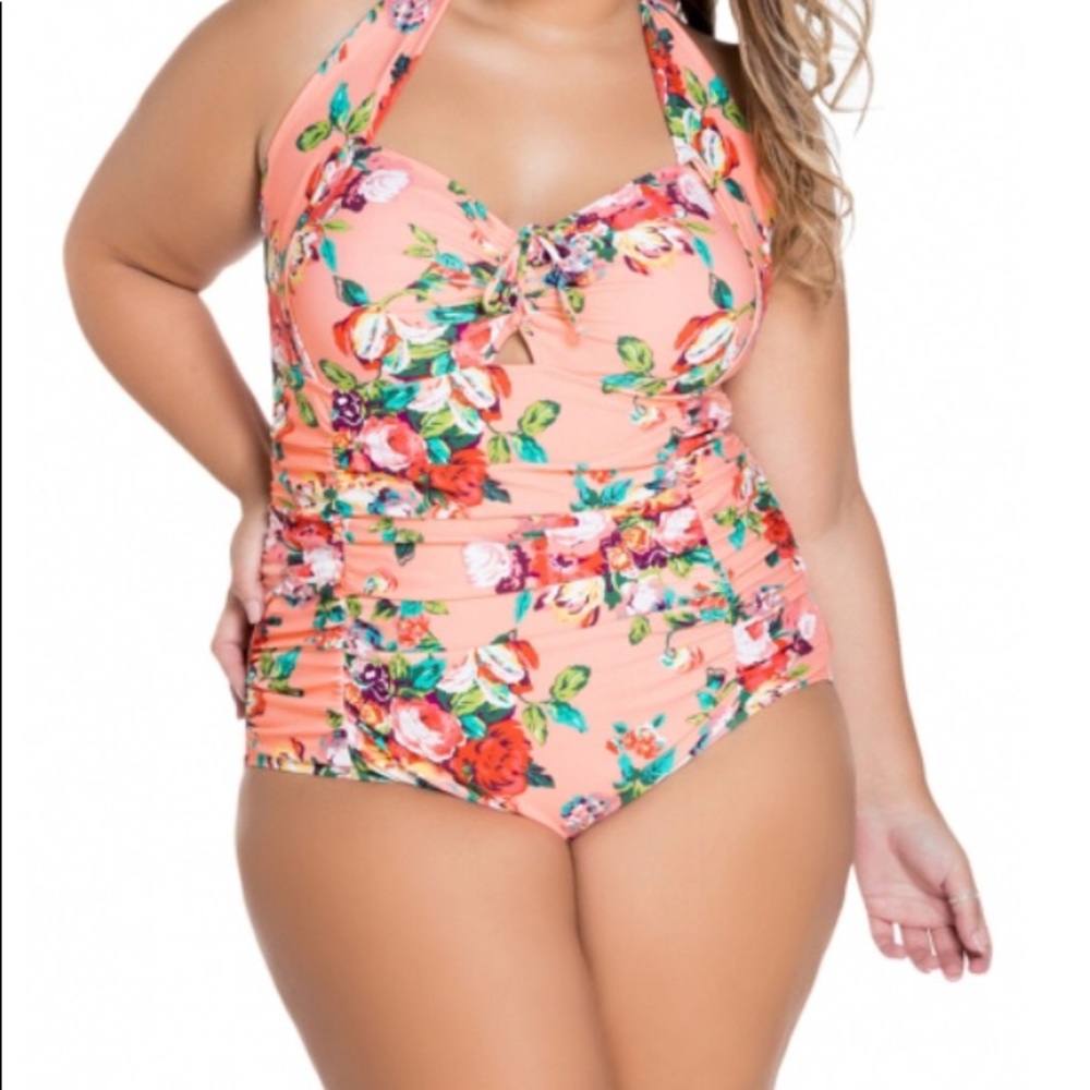 ๐ Peachy Pink Floral Vintage Style Bathing Suit - Picture 2 of 8